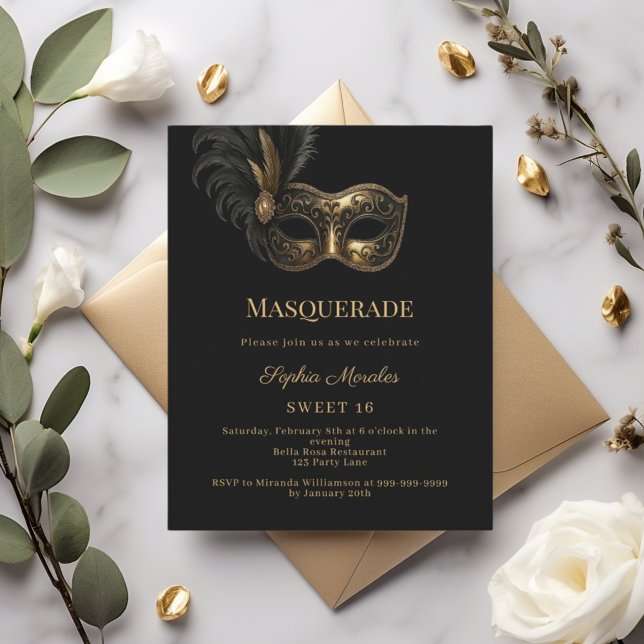 Black gold Masquerade party Sweet 16 invitation (Von Creator hochgeladen)