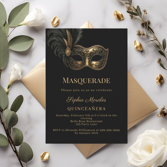 Black gold Masquerade Quinceanera Einladung (Von Creator hochgeladen)