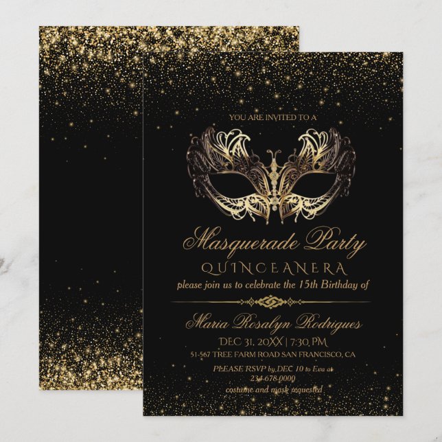 Black Gold Masquerade Quinceanera Einladung (Vorne/Hinten)