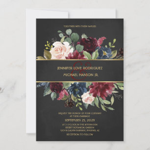 Black Gold Merlot Navy Blumenblüten Hochzeit Einladung