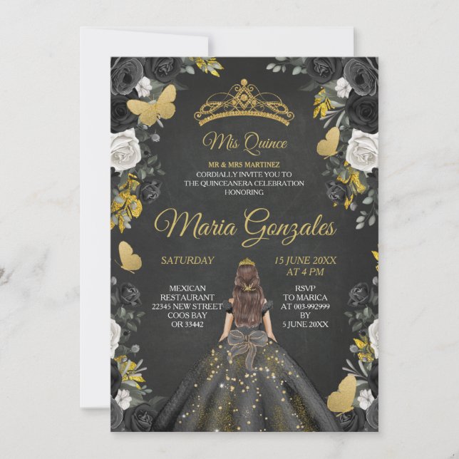 Black & Gold Mexican Charra Mis XV Anos Einladung (Vorderseite)