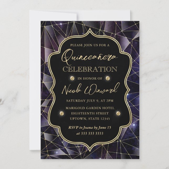 Black & Gold Midnight Crystal Galaxy Quinceanera Einladung (Vorderseite)