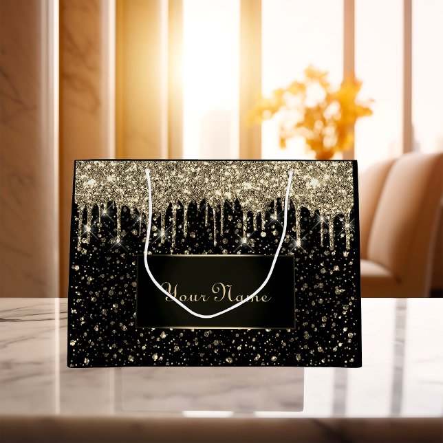 Black Gold Minimal Name Lux VIP Glitzer Tropfen Große Geschenktüte (Black Gold Minimal Name Lux VIP Glitter Drips Large Gift Bag)