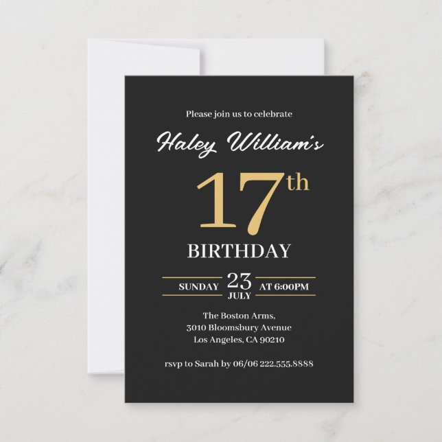 Black & Gold Minimalist 17e invitation anniversair (Devant)