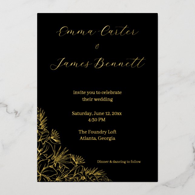 Black & Gold Modern Floral Wedding Foil Invitation Folieneinladung (Vorderseite)
