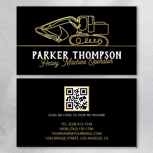 Black Gold Modern Heavy Machine Operator QR Code Visitenkarte (Von Creator hochgeladen)