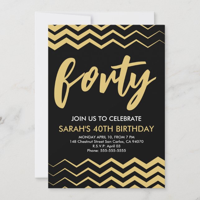Black Gold Modern Minimalist 40th Birthday Party Einladung (Vorderseite)