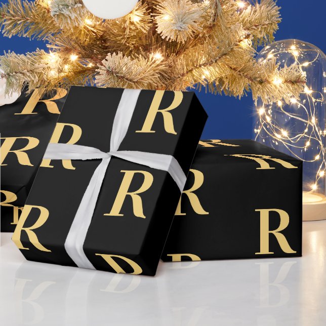 Black Gold Modern Monogram Geschenkpapier (Feiertage)