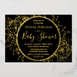 Black & Gold Modern Peony Toile Baby Dusche Folieneinladung