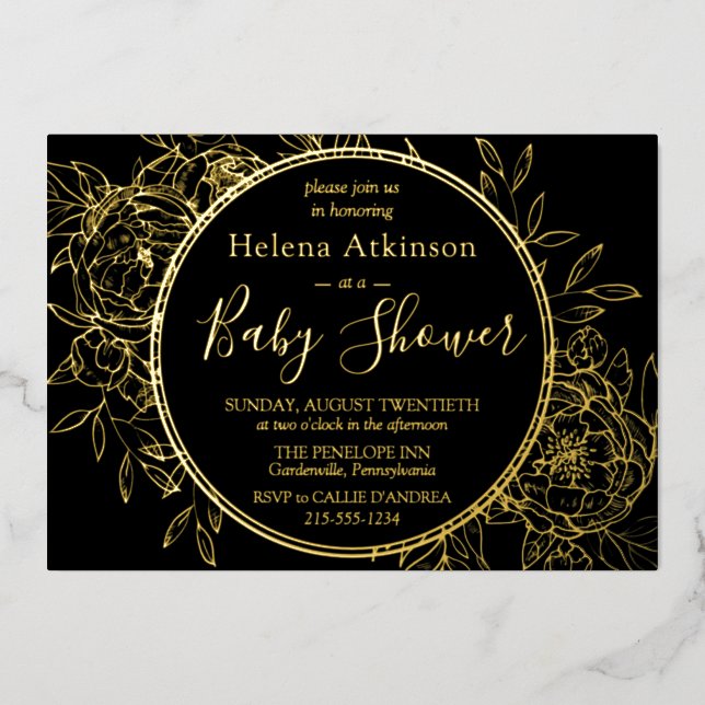 Black & Gold Modern Peony Toile Baby Dusche Folieneinladung (Vorderseite)
