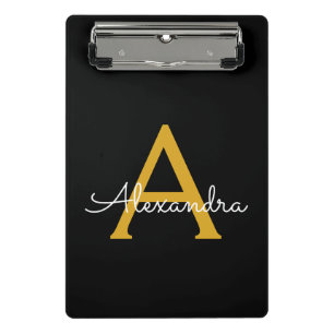 Black Gold Modern Script Girls Monogram Name Mini Klemmbrett