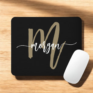 Black Gold Modern Script Monogram Name Mousepad