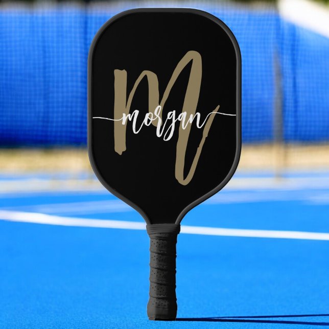 Black Gold Modern Script Monogram Name Pickleball Schläger (Von Creator hochgeladen)