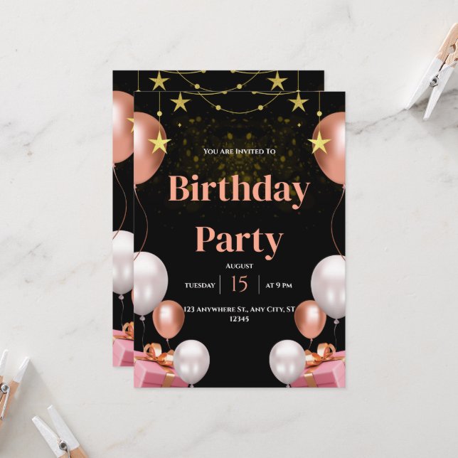 Black & Gold Moderne Anniversaire Fête Invitation (Devant/Arrière en situation)