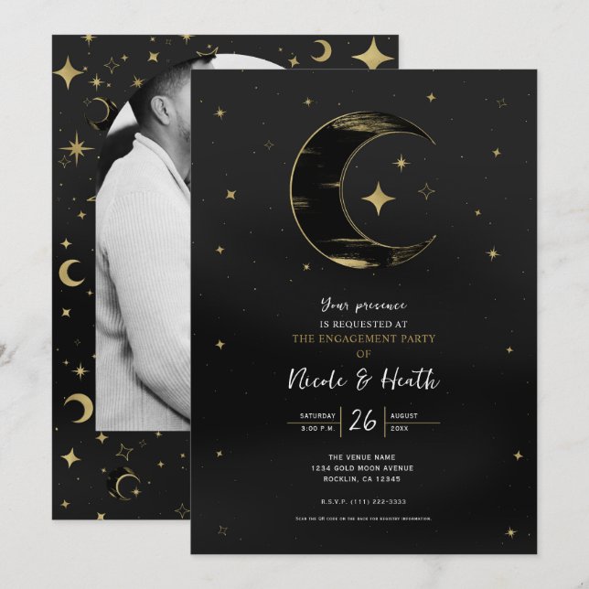 Black & Gold Moderne Celestial Moon Star Verlobung Einladung (Vorne/Hinten)