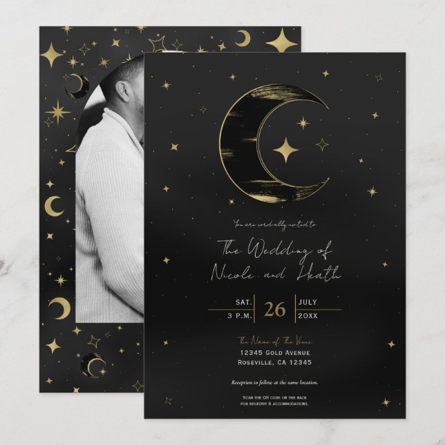 Black & Gold Moderne Celestial Moon Stars Hochzeit Einladung (Vorne/Hinten)