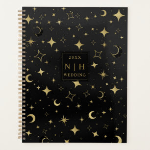 Black & Gold Moderne Celestial Moon Stars Hochzeit Planer