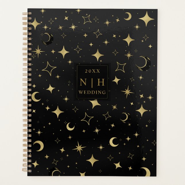 Black & Gold Moderne Celestial Moon Stars Hochzeit Planer (Vorderseite)
