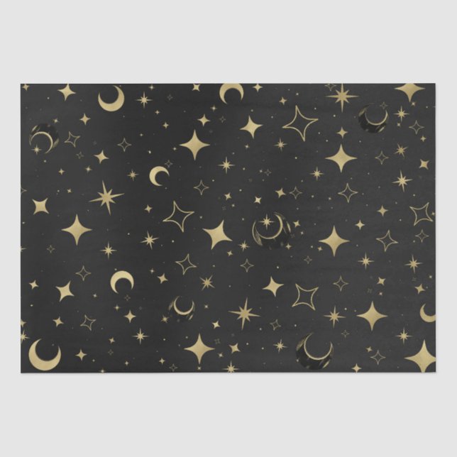 Black & Gold Moderne Celestial Moon Stars Hochzeit Seidenpapier (Vorderseite)