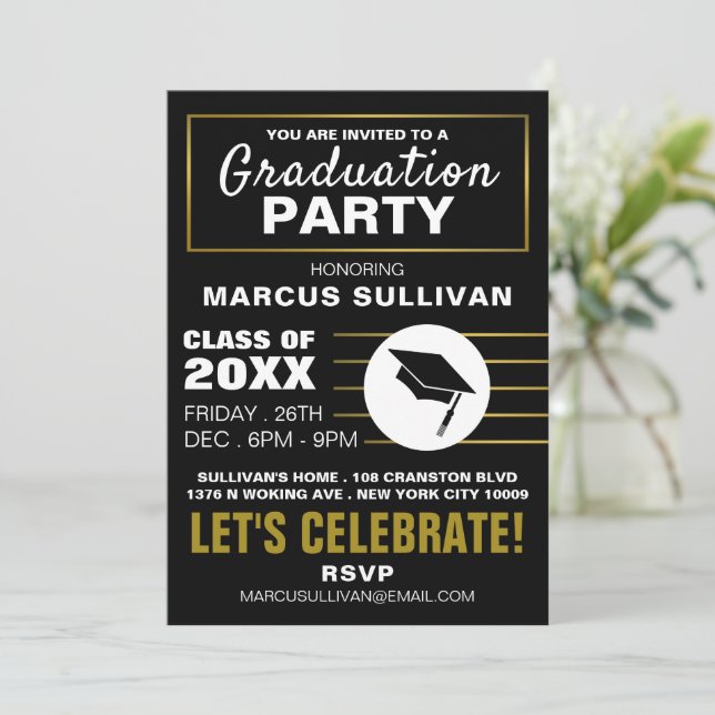 Black & Gold moderne, Graduation Party Invitation (Debout devant)