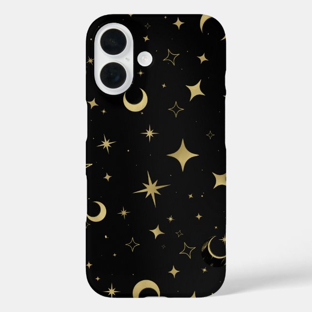 Black & Gold Moderne Himmelsmondsterne iPhone 16 Hülle (Rückseite)