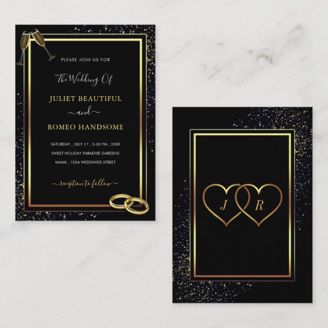 Black Gold Moderne Hochzeitseinladung mit Rings Mitteilungskarte (Vorne/Hinten)
