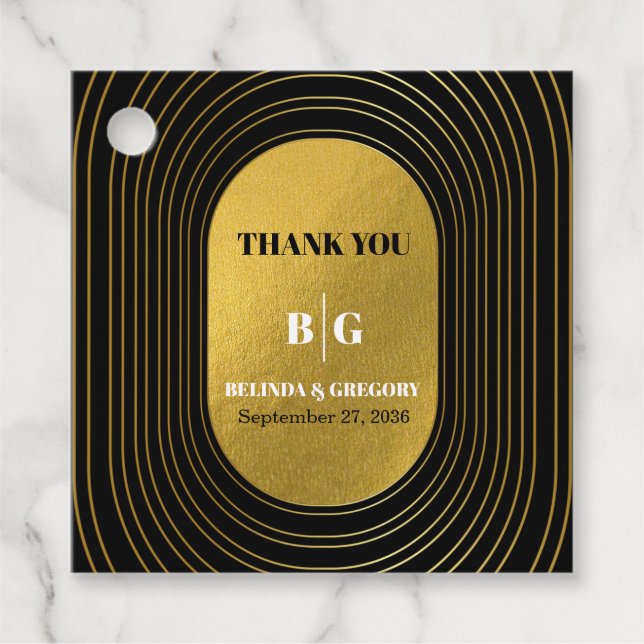 Black & Gold Moderne Minimalistisch Arch Wedding Geschenkanhänger (Vorderseite)