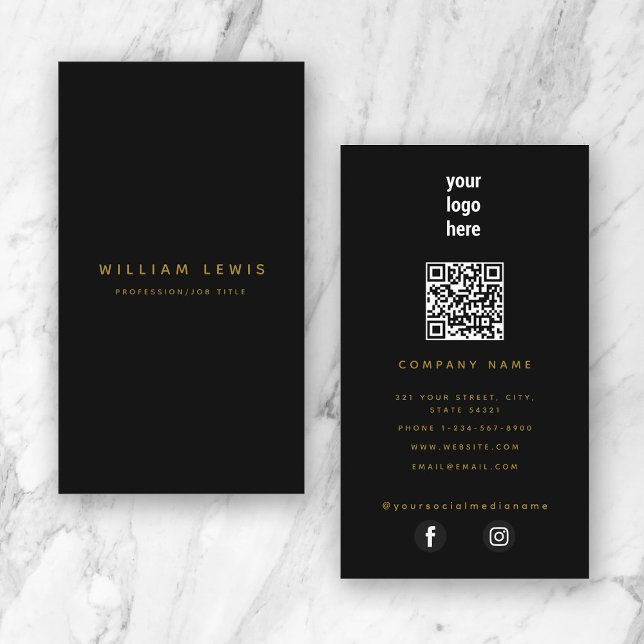 Black Gold Moderne Minimalistische QR Code Social  Visitenkarte (Black Gold Modern Minimalist QR Code Social Media Business Card)