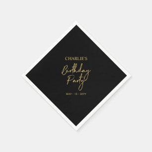 Black & Gold Moderne Schriftzug Geburtstagsfeier Serviette