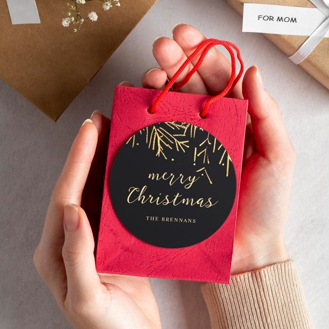 Black Gold Moderne Weihnachten Runder Aufkleber (Black Gold Modern Christmas Elegant Holiday Classic Round Sticker)