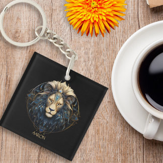 Black Gold Modernes Script Big Cat Star Sign Leo Schlüsselanhänger