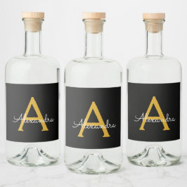 Black Gold Modernes Script Giron Monogram Name Alkoholflaschenetikett