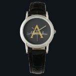 Black Gold Modernes Script Giron Monogram Name Armbanduhr<br><div class="desc">Schwarz und Gold einfache Script Monogram Name Watch. Dies macht den perfekten Abschluss,  Geburtstag,  Hochzeit,  Brautparty,  Jubiläum,  Babydusche oder Junggeselinnen-Abschied Geschenk für jemanden,  die Lieben glamourösen Luxus und schicke Stile.</div>