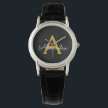 Black Gold Modernes Script Giron Monogram Name Armbanduhr<br><div class="desc">Schwarz und Gold einfache Script Monogram Name Watch. Dies macht den perfekten Abschluss,  Geburtstag,  Hochzeit,  Brautparty,  Jubiläum,  Babydusche oder Junggeselinnen-Abschied Geschenk für jemanden,  die Lieben glamourösen Luxus und schicke Stile.</div>