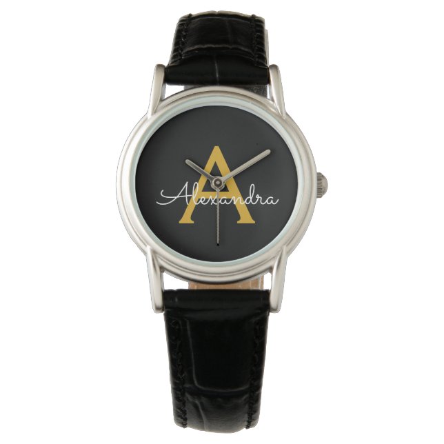 Black Gold Modernes Script Giron Monogram Name Armbanduhr (Vorderseite)