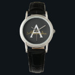 Black Gold Modernes Script Giron Monogram Name Armbanduhr<br><div class="desc">Schwarz und Gold einfache Script Monogram Name Watch. Dies macht den perfekten Abschluss,  Geburtstag,  Hochzeit,  Brautparty,  Jubiläum,  Babydusche oder Junggeselinnen-Abschied Geschenk für jemanden,  die Lieben glamourösen Luxus und schicke Stile.</div>