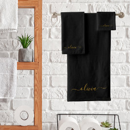 Black Gold Modernes Script Giron Monogram Name Badhandtuch Set