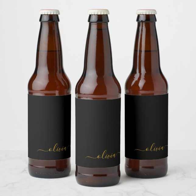 Black Gold Modernes Script Giron Monogram Name Bierflaschenetikett (Flaschen)