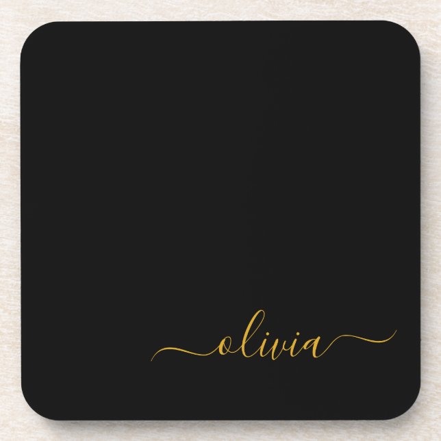 Black Gold Modernes Script Giron Monogram Name Getränkeuntersetzer (Vorderseite)