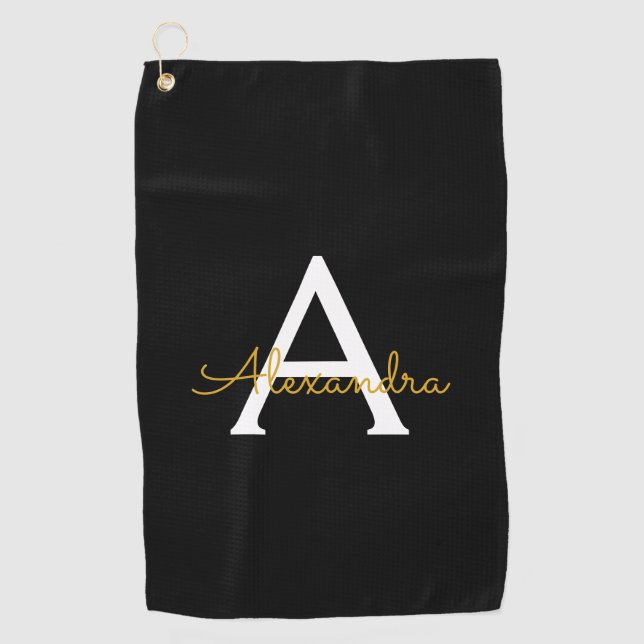 Black Gold Modernes Script Giron Monogram Name Golfhandtuch (Vorderseite)