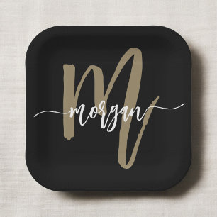 Black Gold Modernes Script Giron Monogram Name Pappteller