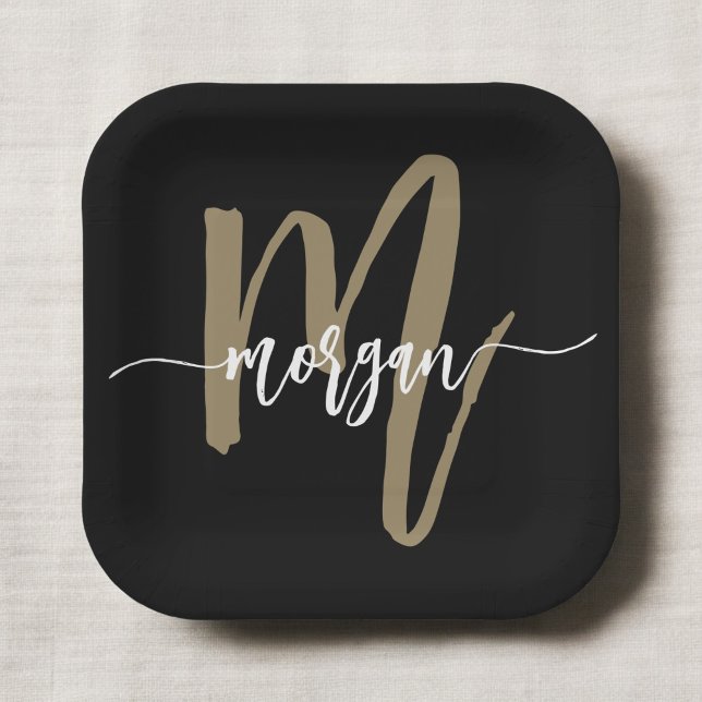 Black Gold Modernes Script Giron Monogram Name Pappteller (Von Creator hochgeladen)