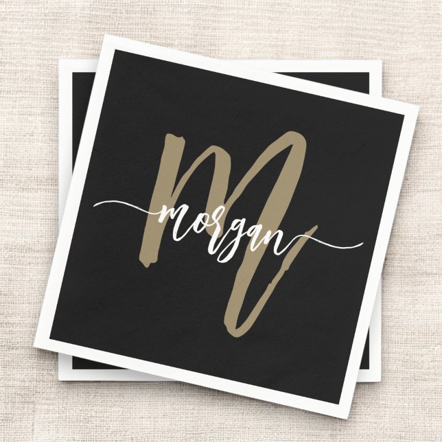 Black Gold Modernes Script Giron Monogram Name Serviette (Von Creator hochgeladen)