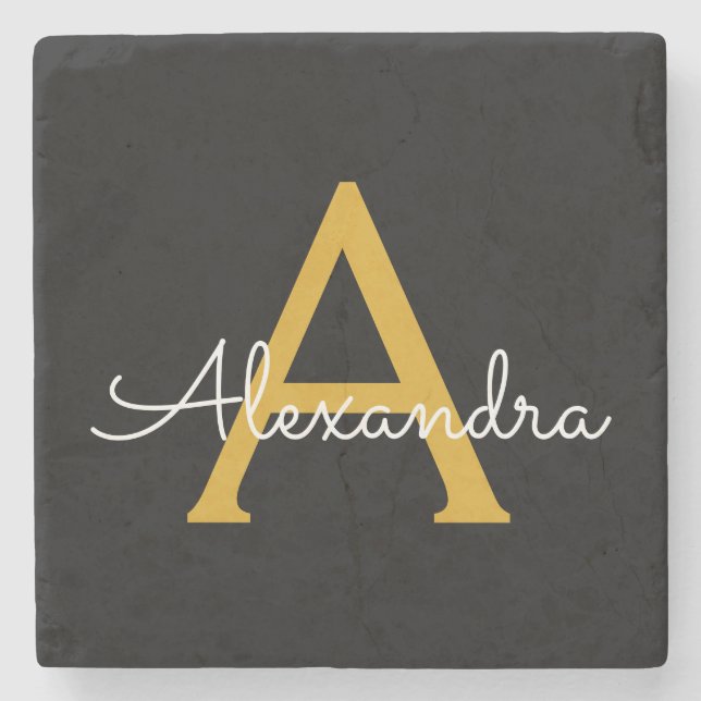 Black Gold Modernes Script Giron Monogram Name Steinuntersetzer (Vorderseite)