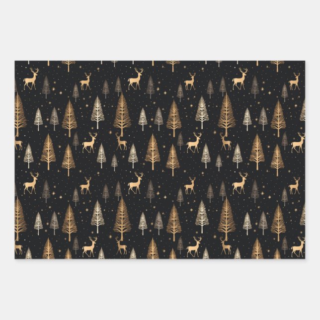 Black Gold Modernes Weihnachtswrapping Papier Hirs (Vorderseite)
