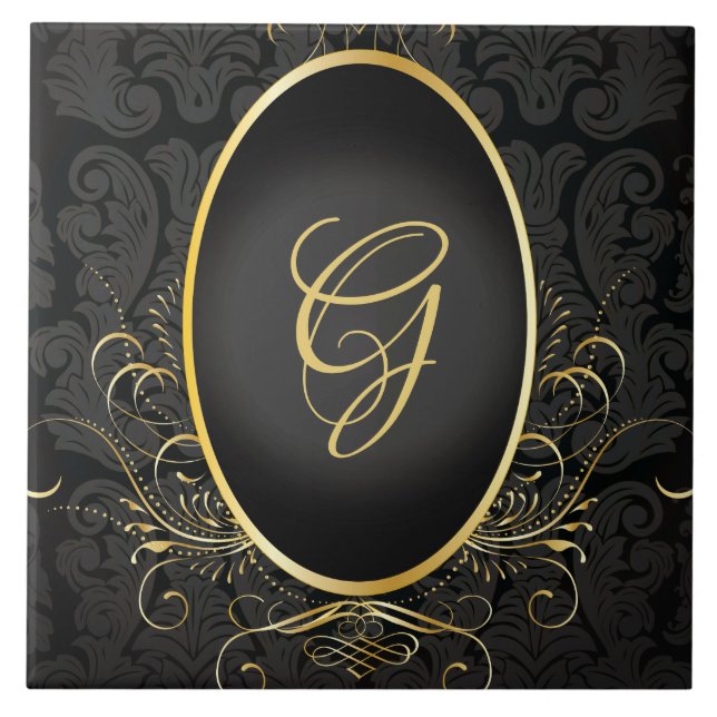 Black gold Monogram Classy Royal Style Tile Fliese (Vorderseite)