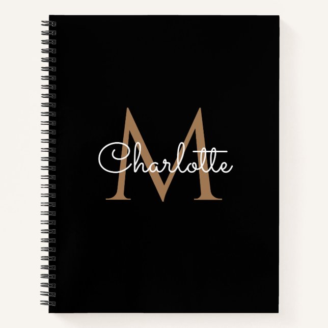 Black Gold Monogram Elegant Girly Script Notebook Notizbuch (Vorderseite)