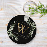 Black Gold Monogram Elegant Greenery Schlüsselanhänger<br><div class="desc">Elegante Aquarellgrün verlasse monogramm Name-Schlüsselanhänger mit einem goldenen Monogramm Initial auf einem schicken schwarzen Hintergrund. Entwickelt von Thisisnotme©</div>