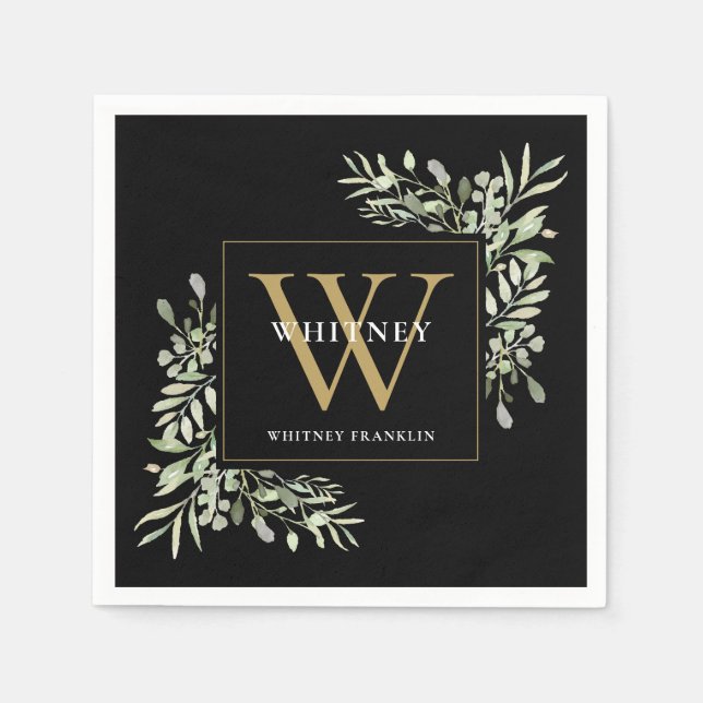 Black Gold Monogram Elegant Moderne Grüne Serviette (Vorderseite)