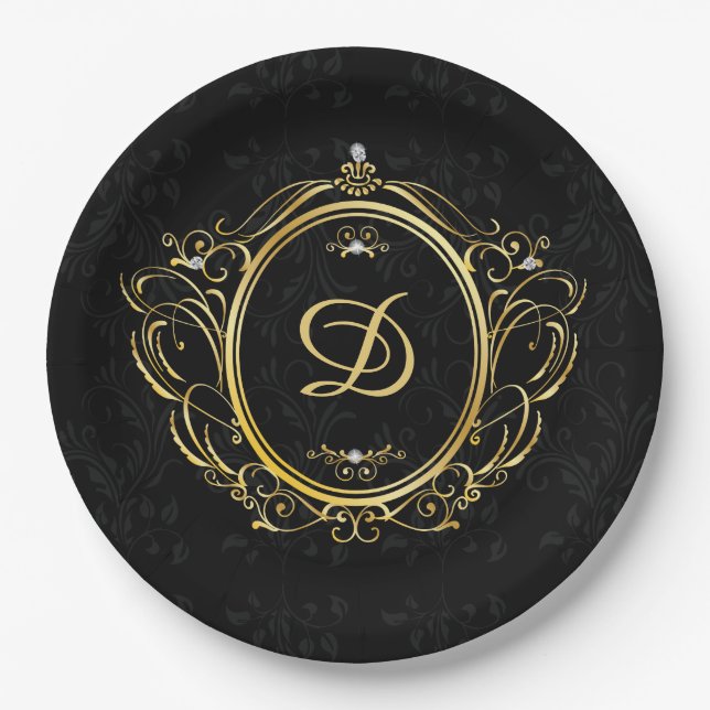 Black gold Monogram elegant Pappteller (Vorderseite)